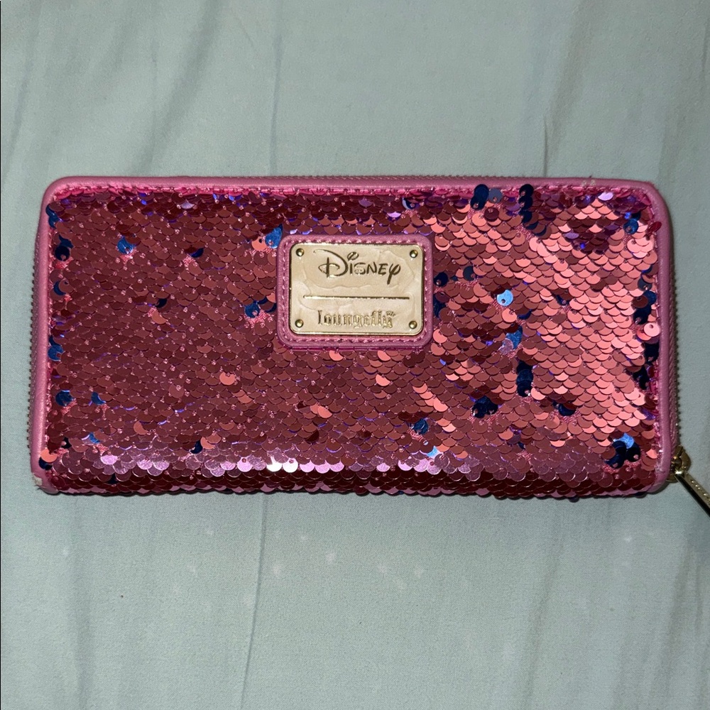 loungefly Disney sleeping beauty reversible sequin wallet pink blue zipper